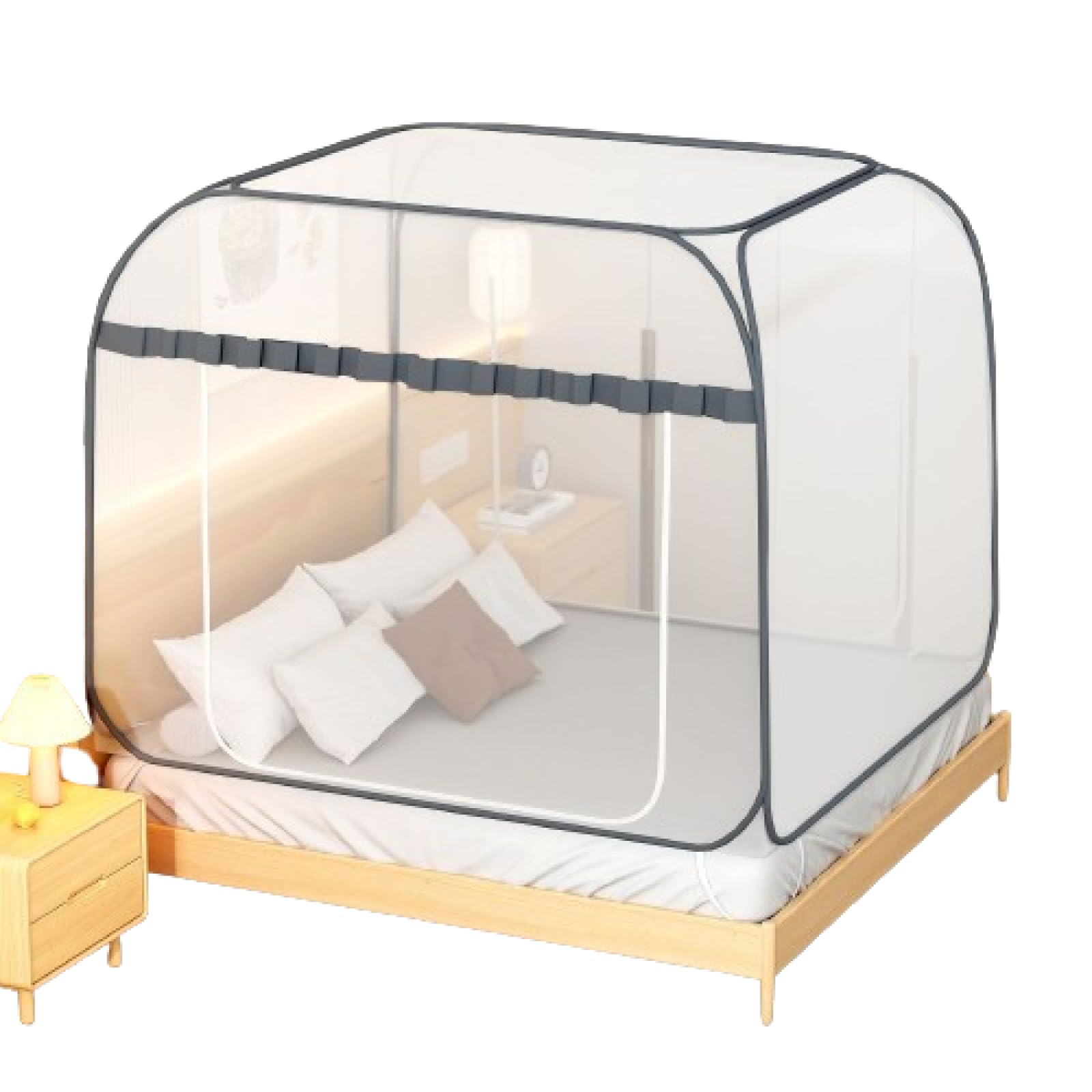 蚊帳 夏用蚊帳 ワンタッチ 底面付き 虫除けネット 蚊よけ ムカデ対策 折りたたみ式 片開き両開き全底一体型ワイヤー蚊帳 家用 旅行 アウトドア用蚊帳 100*195cm グレー/片面ドア