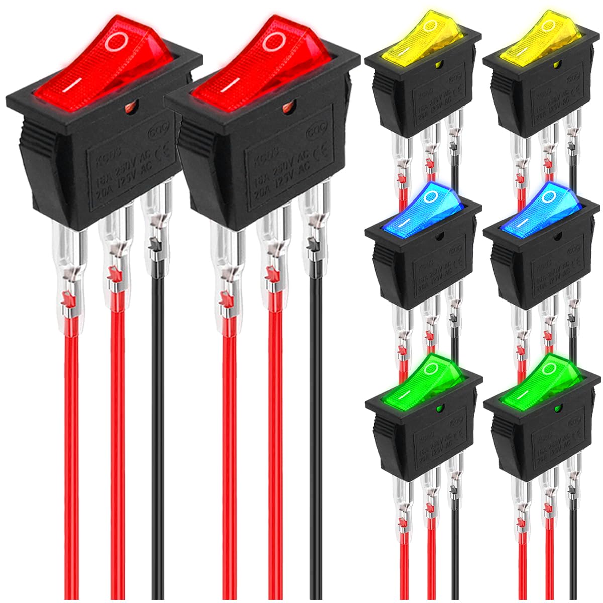 8個 DC 12V 20A 赤色ライトロック端子ワイヤー 照光式LEDオン/オフ SPST 3ピン 2ポジション ミニボートロッカートグルスイッチスナップ カーボート計器用 LED 4色(赤/青/黄/緑)