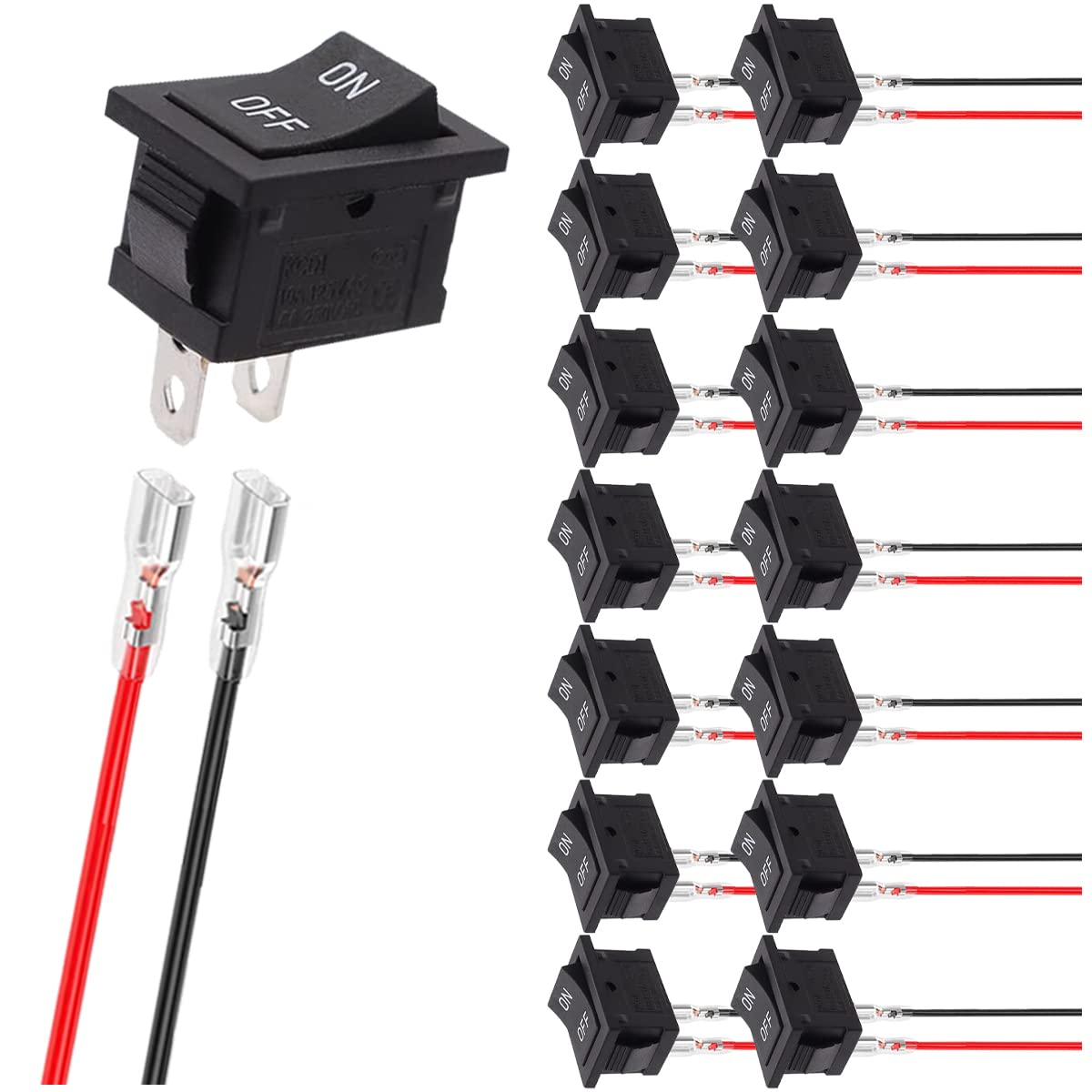 15個 AC 6A 250V 10A 125V ミニブラックロッカースイッチ 2ピン 2ポジション SPST オン/オフ スクエアロッカースイッチ トグル ロック端子ワイヤー付き 車ボート用