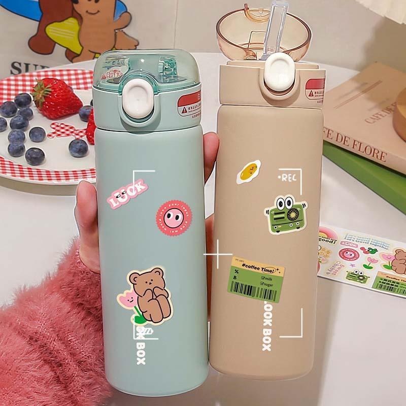 水筒 魔法瓶カップ380ml ストロー ウォーターカップ 304ステンレス鋼 断熱カップスマート ステンレスボトル 保温 保冷 おしゃれ