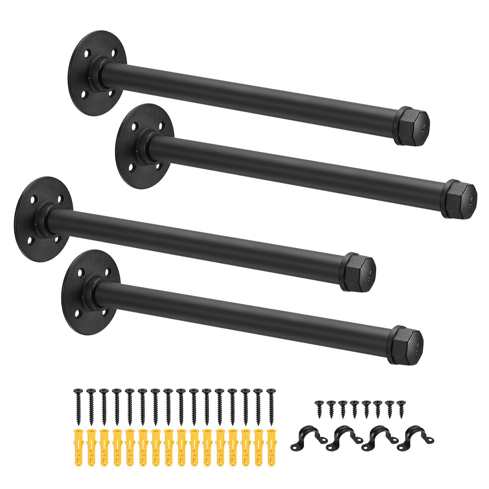 T 30cm 工業用パイプ洋服バー 4セット パイプ衣類ラック 洋服掛け用 浮き棚受 壁掛け式 寝室用 バスルームキャビネット用 衣料品店用 ブラック