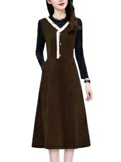 大きいサイズの婦人服太めmmミディアム丈秋冬新作長袖ワンピース-65