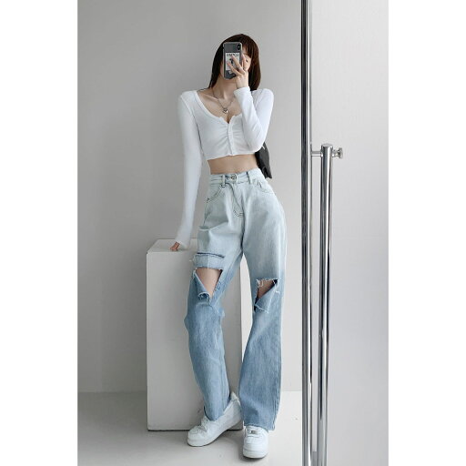 韓国ファッション レディース グラーデションデニムパンツ脚長効果 夏ゆったりハイウェスト ストレートワイドパンツ 韓国ファッション レディース グラーデションデニムパンツ脚長効果 夏ゆったりハイウェスト ストレートワイドパンツ