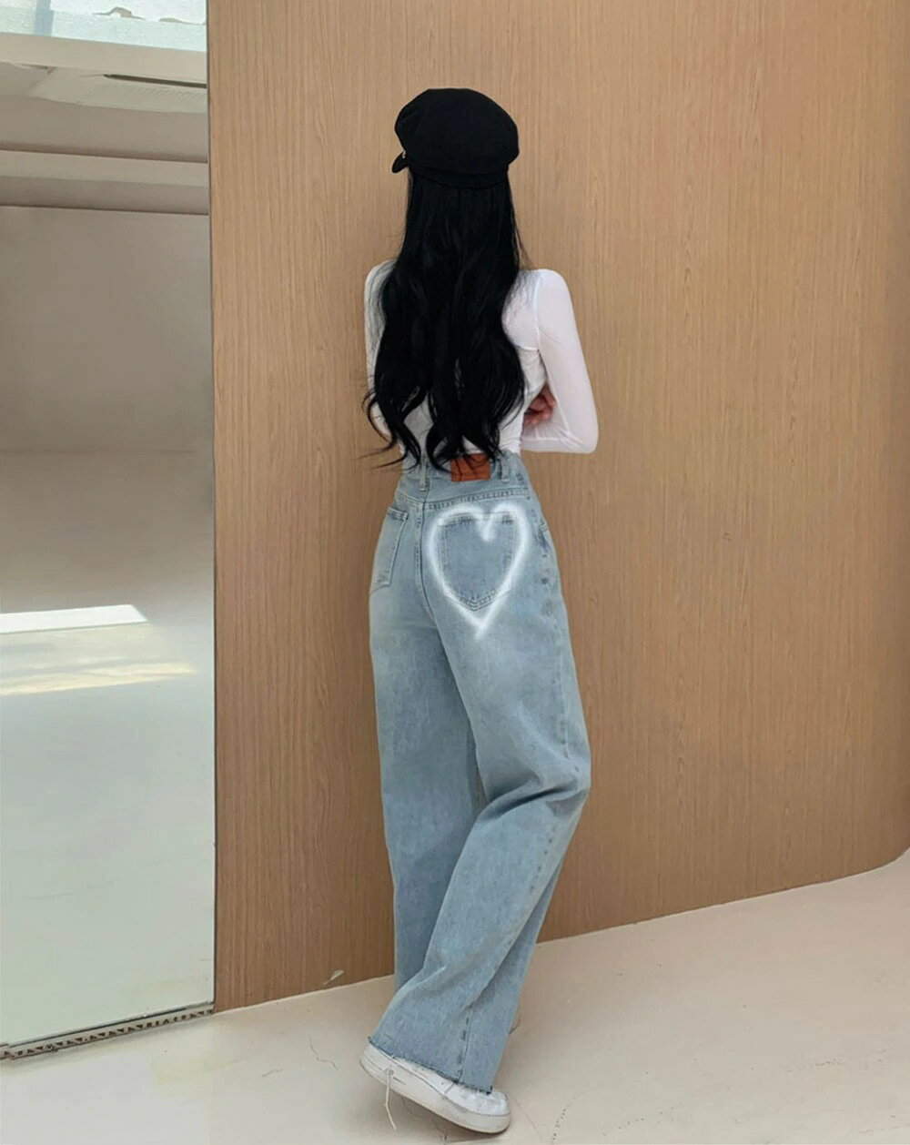 フルレングス ハイウエスト ポケット ワイド/ルーズ デニム・ジーンズ [ブルー]