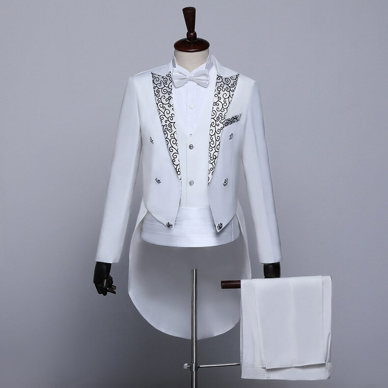 メンズタキシード スーツセット 黒 白 燕尾服 5点セット 演奏会 演出 活動 舞台 パーティー 結婚式 ステージ 司会 結婚式 忘年会 二次会 コンサート