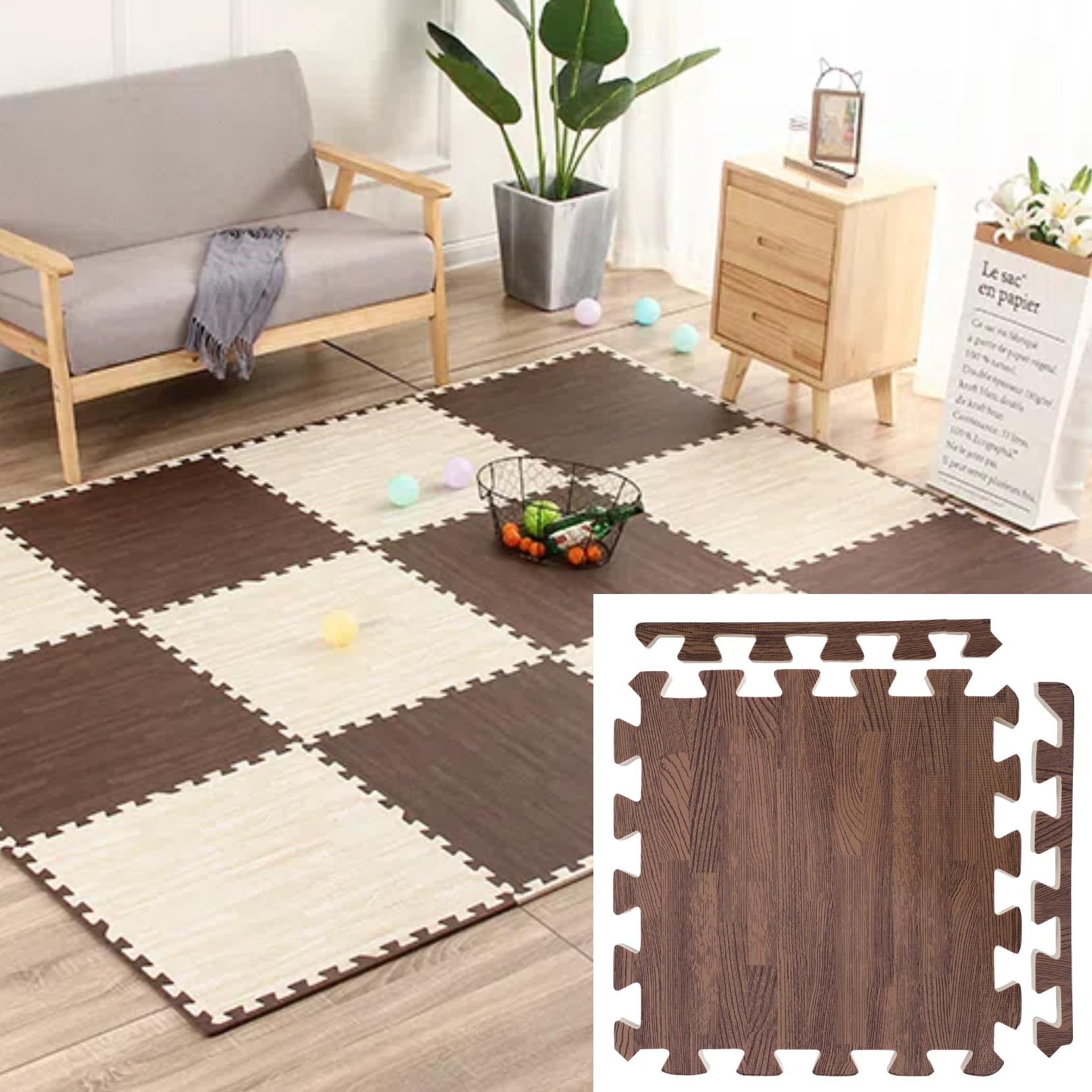 ジョイントマット 防音マット 木目調 30cm 厚さ1.2cm パズルマット 床キズ防止 衝撃吸収 クッションフロアマット 赤ちゃん ペットマット 床 キズ防止 子供部屋 保温性 床暖房対応 フチ サイドパーツ付き(ホワイト 18枚/1畳)