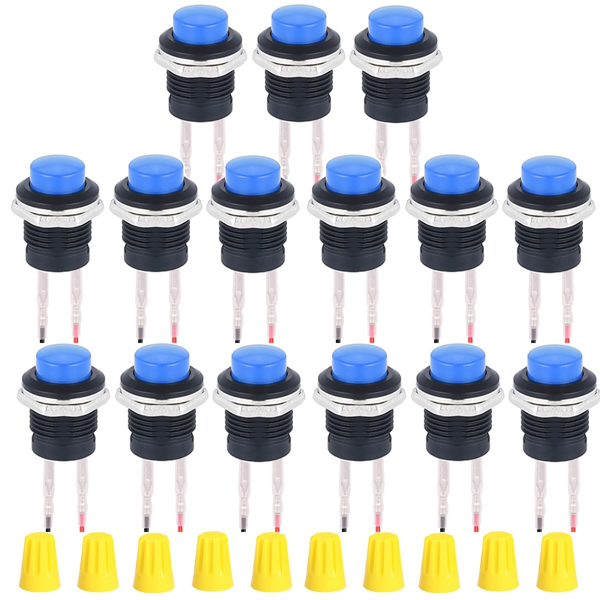24PCS 16mm 防水 瞬間プッシュボタン 3A 250V AC SPST 15MM ミニスイッチ 6色 丸型キャップ ON/OFF 2ピン セルフリセット R13-507 ボート用 はんだワイヤ3個付き 熱収縮チューブ20個付き