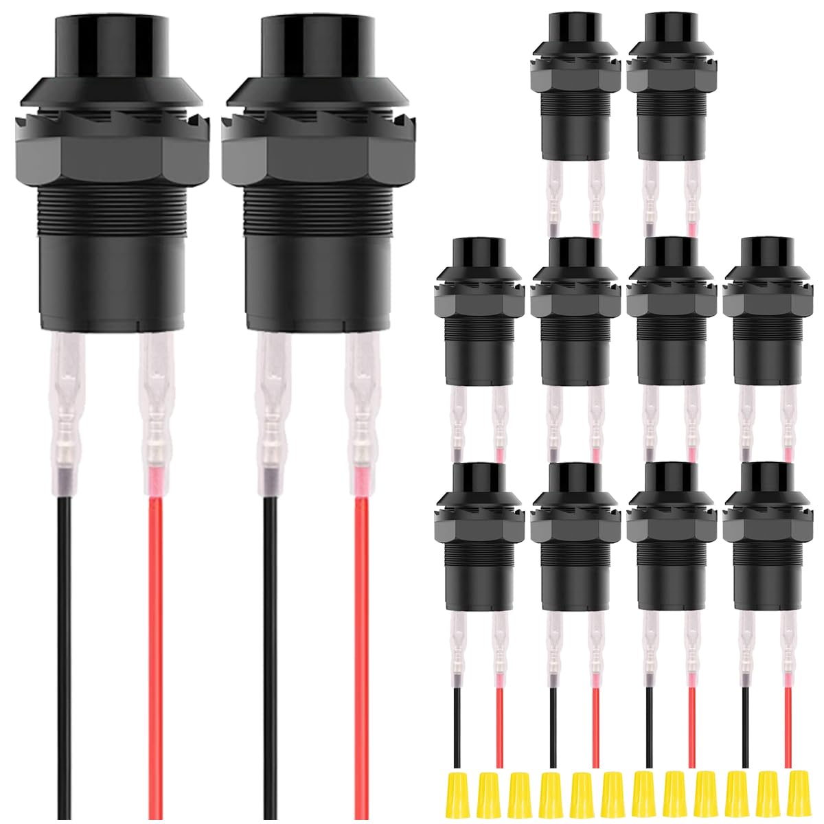 12個 12mm ブラック ミニラウンドラッチングプッシュボタンスイッチ AC 250V 1.5A 125V 3A オンオフ 2ピン セルフロックマイクロスイッチ 12V 端子ワイヤー&配線キャップ付き 車ボートPC、テーブルランプ用