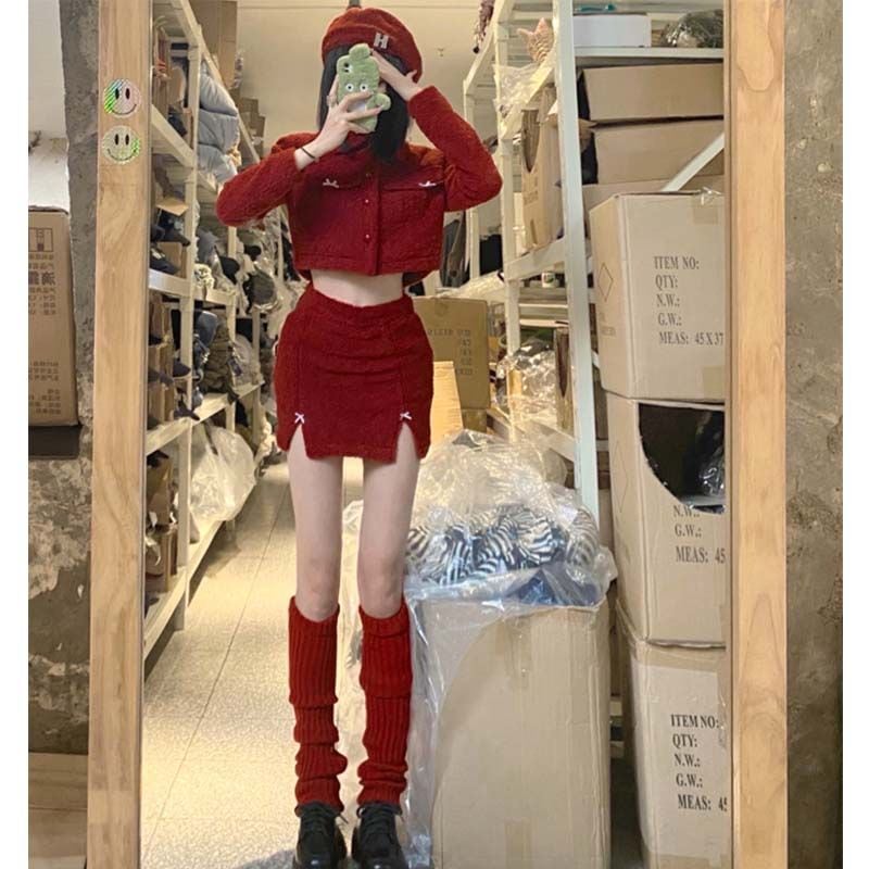 クリスマスコフレ クリスマスと新年レッドホットガールおしゃれラムウール長袖カーディガンジャケットハイウエストスカート+帽子セットレディースサンタコスプレ