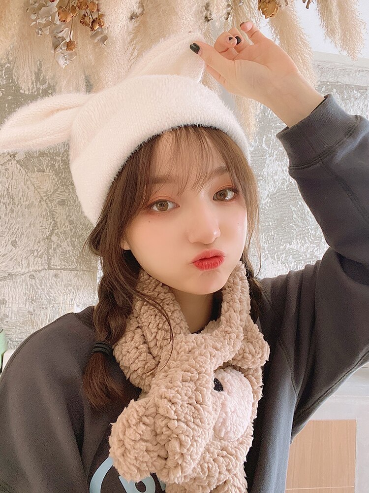 韓国百合かわいいウサギ耳帽子冬保温少女心文芸学生ins毛毛ベレー帽