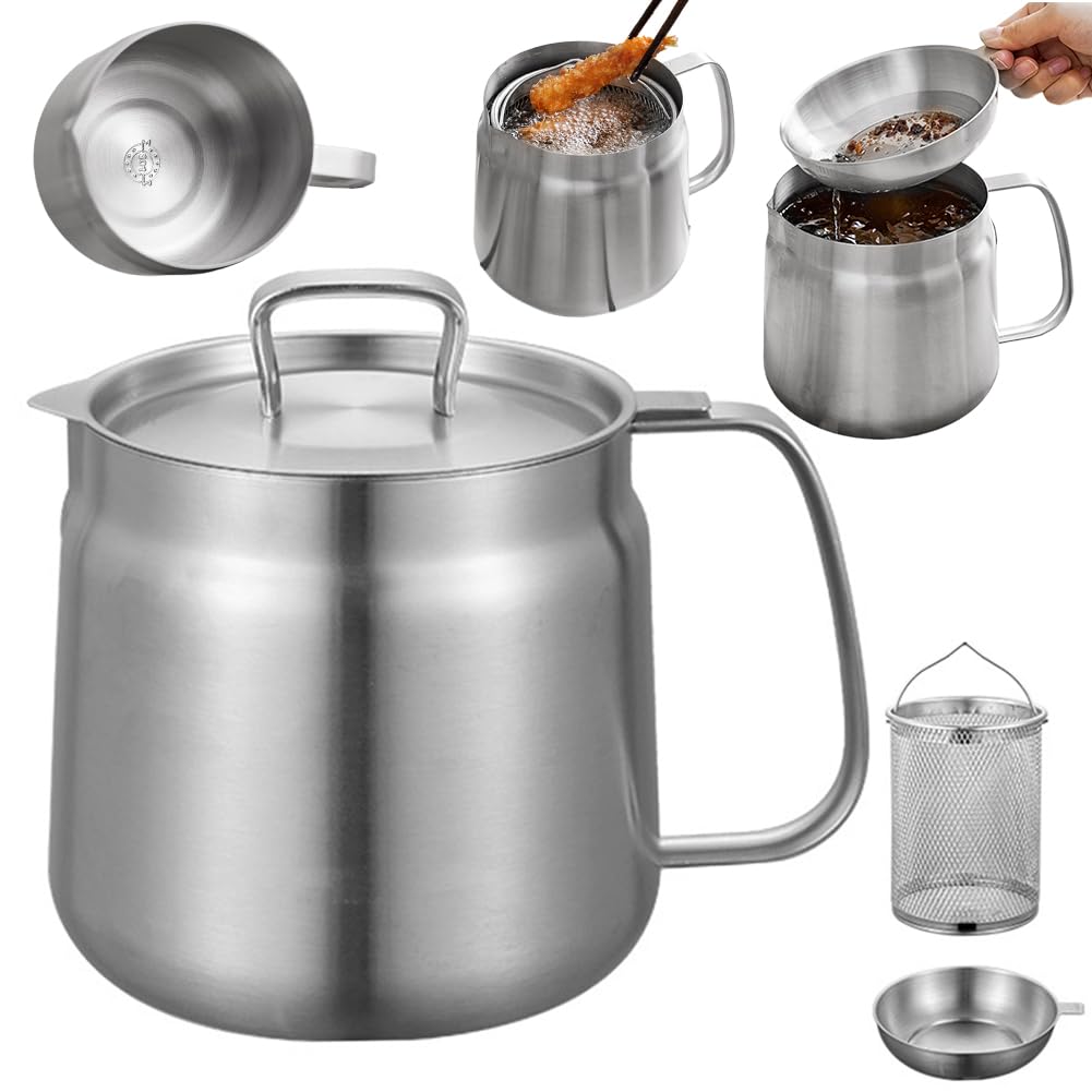 304 ステンレス鋼オイルフィルターポット 1.5L 揚げ物ポット多機能オイルフィルタータンク、フィルター..
