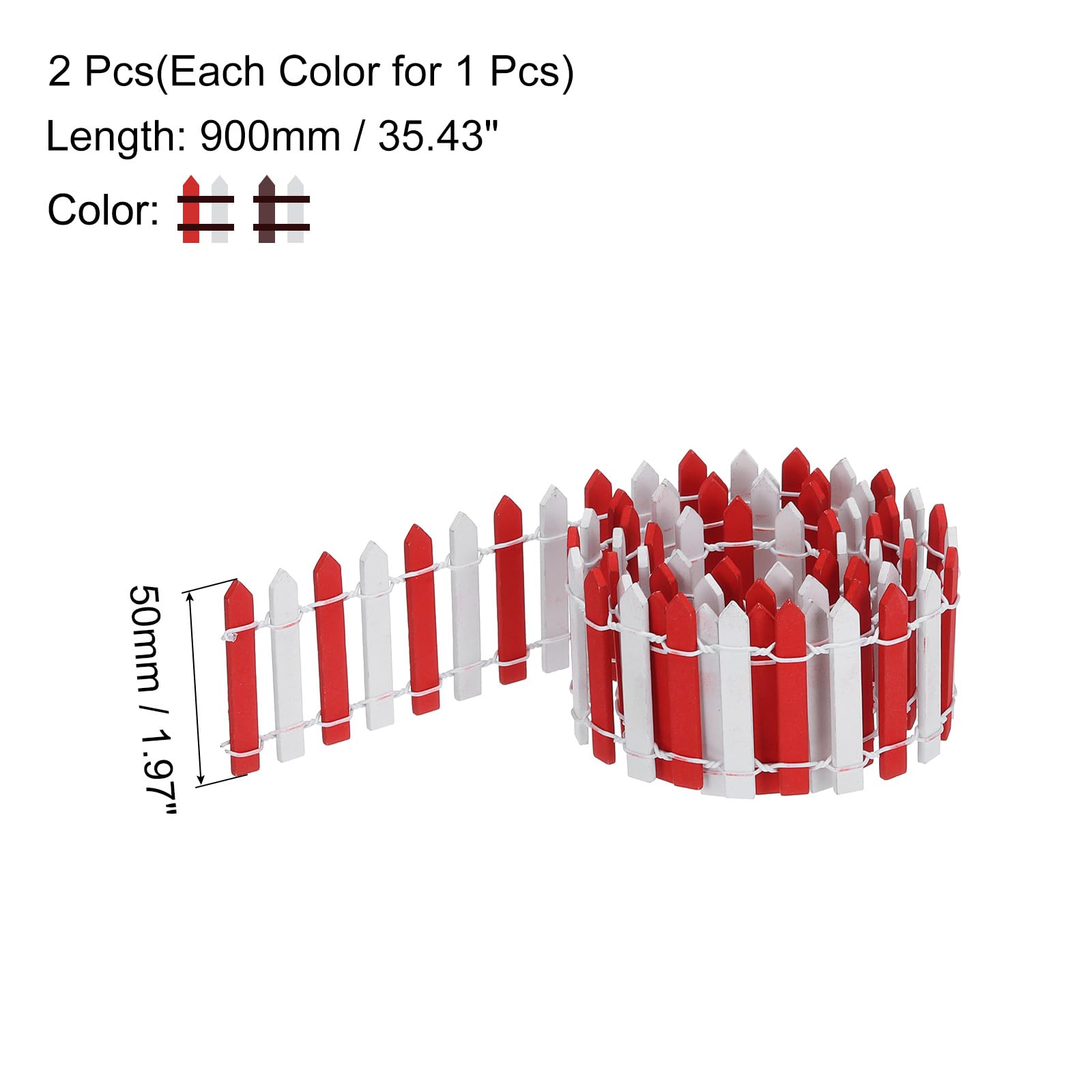 T 2個セット 35"ミニチュアガーデンフェンス ドールハウスホームDIYクラフト用ミニオーナメントウッドピケットフェンス 赤白 茶白