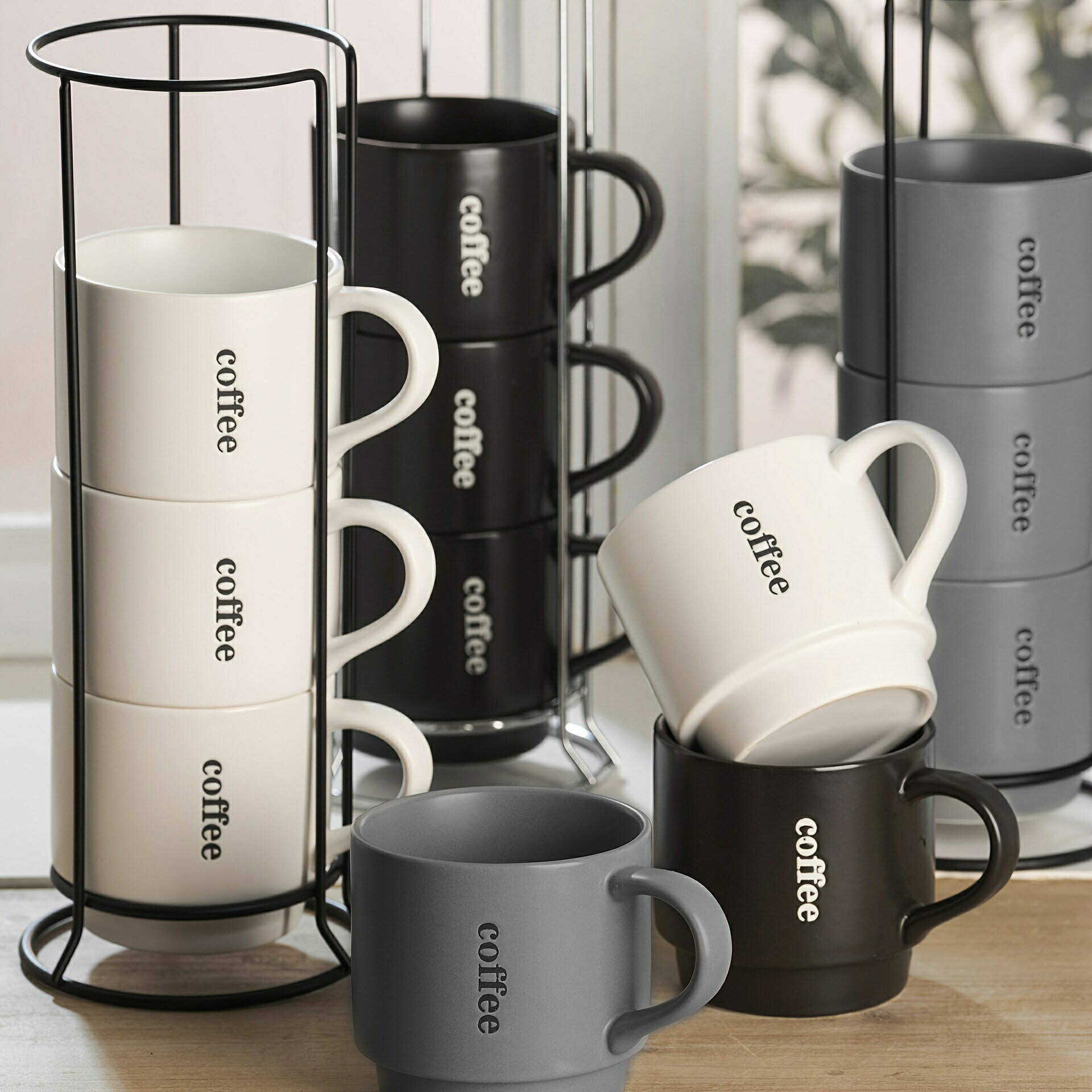 コーヒー、紅茶、ココア用の15オンスセラミックマグカップセット - スタッカブルなラック付き - 洗