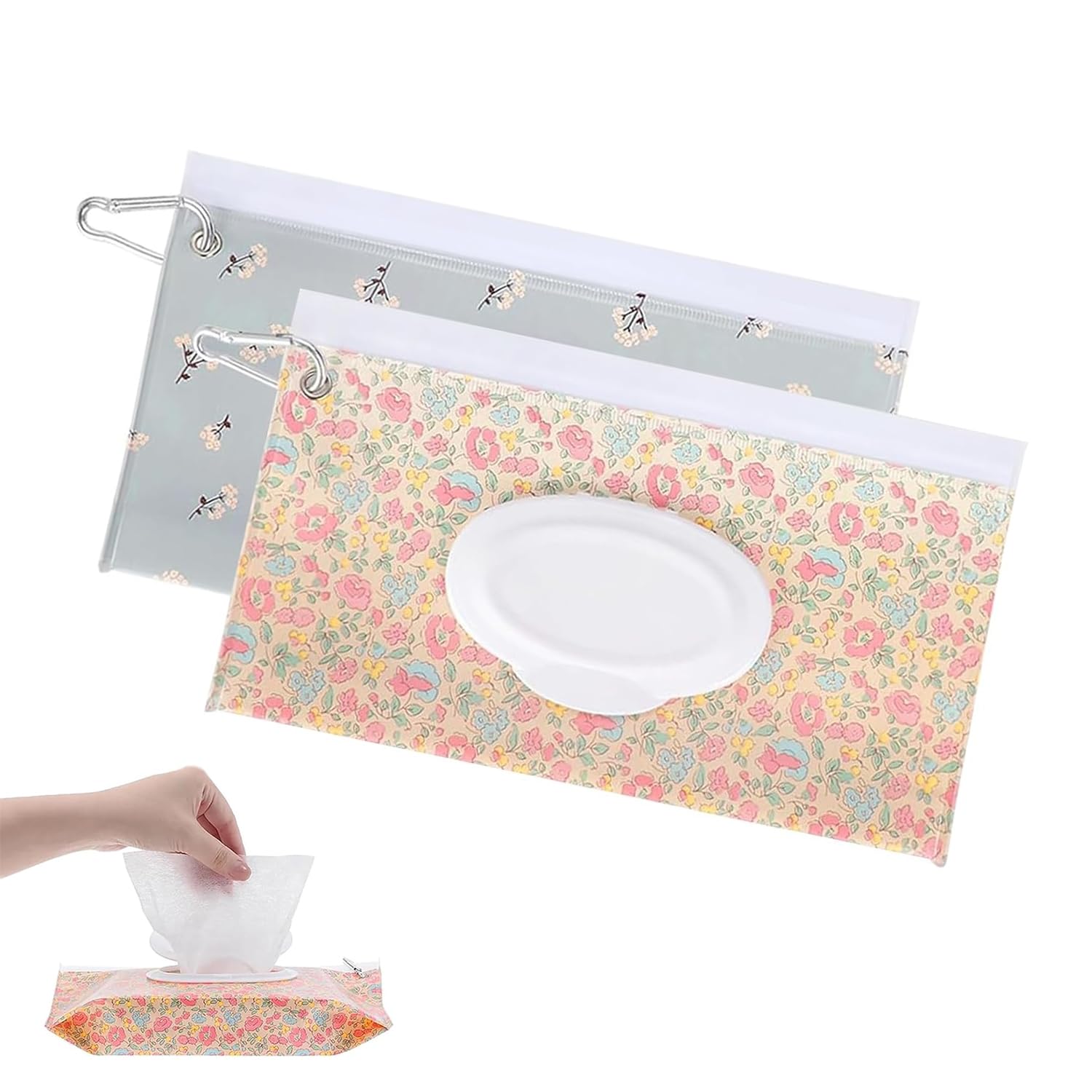 ウェットティッシュ ケース 持ち運び ウェットティッシュ ポーチ 【2個入り】 花柄 カラビナ付き 蓋付き フリップトップ 持ち運び お尻拭きポーチ 汗拭きシート ケース おしりふきポーチ ポータブル