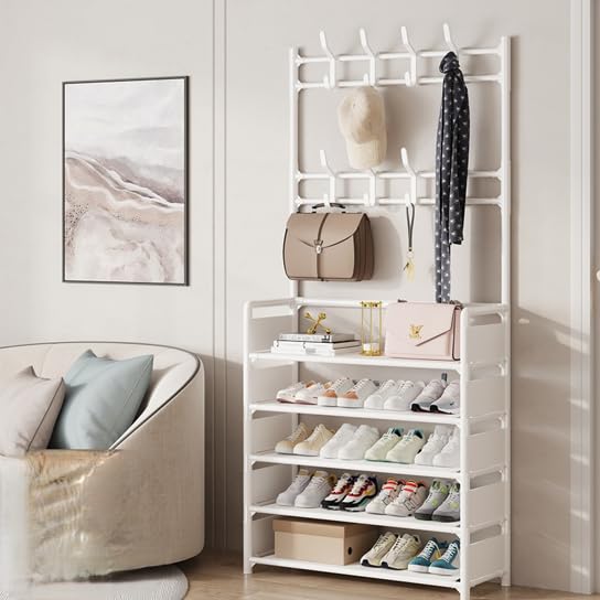 シューズラック 5段 靴棚 コートラック スリム 玄関棚 家庭用多機能シューズラック 衣類ラック 靴と帽子一体型ラック 自立型コートラック 靴 収納 コート 帽...