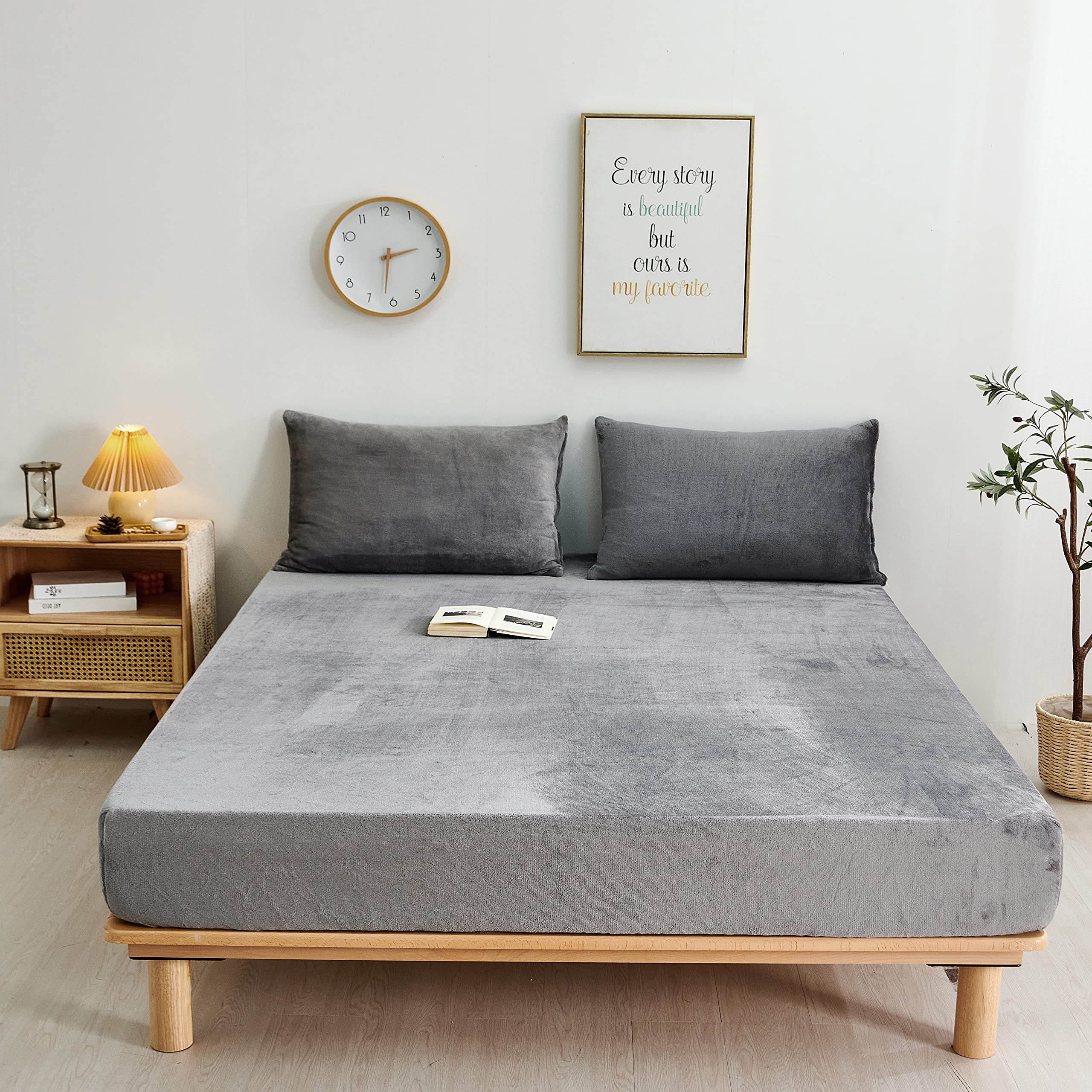 楽天エムーエムショップボックスシーツ 冬用 あったか フランネル マイクロファイバー 毛玉なし なめらか 毛布タッチ 秋冬用 パイル地 シーツ ベッドシ敷き布団カバー 全周ゴム付き 抗菌防臭加工 丸洗いOK 着脱簡単 防寒対策 マチ部分約30cm（ ダブル・140X200cm グレー）