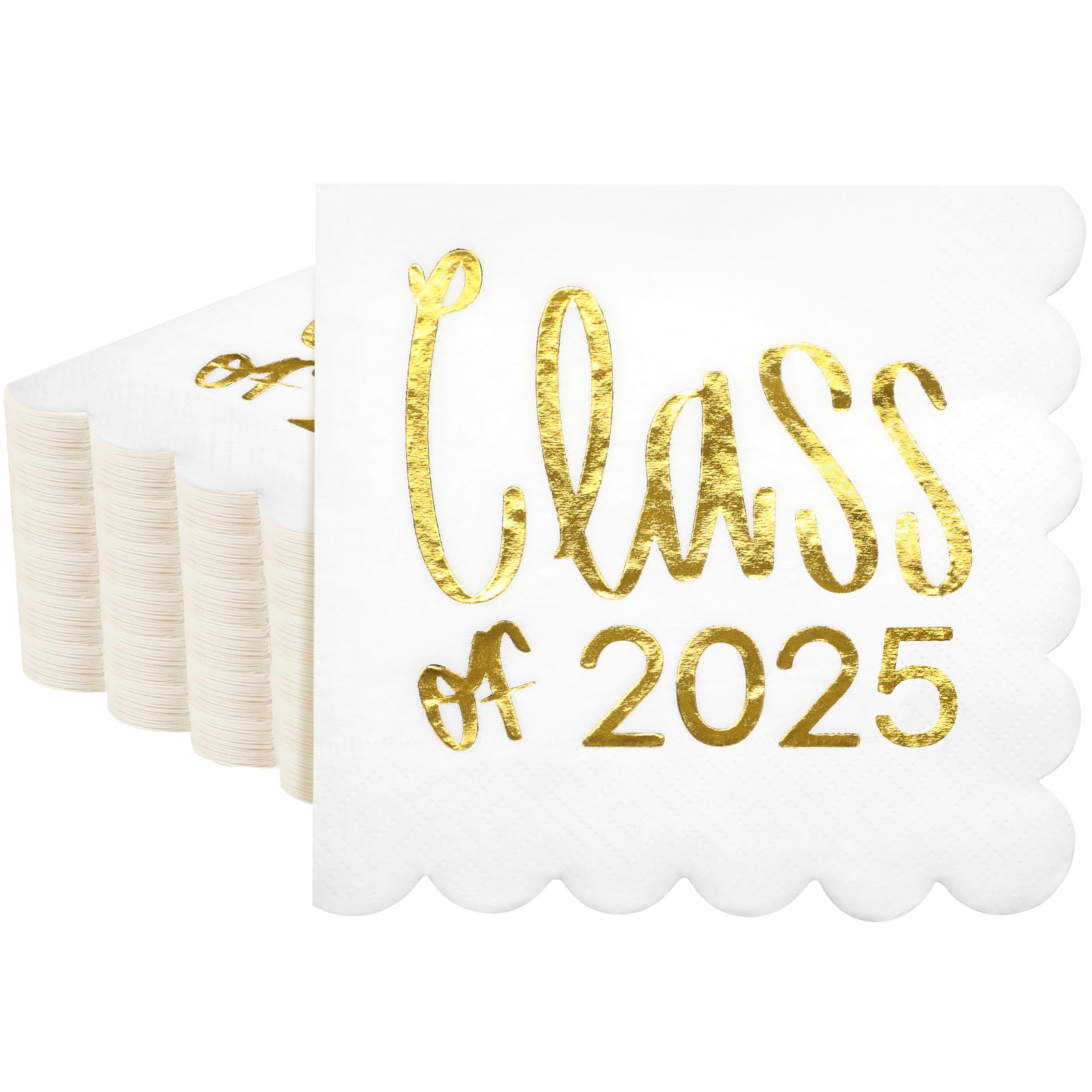 卒業式カクテルナプキン 100枚 5 x 5インチ クラス 2025年 Congrats Grad Scalloped Paper Napkins ホワイトゴールド 卒業ナプキン ディナー 飲料 卒業 卒業 デコレーション