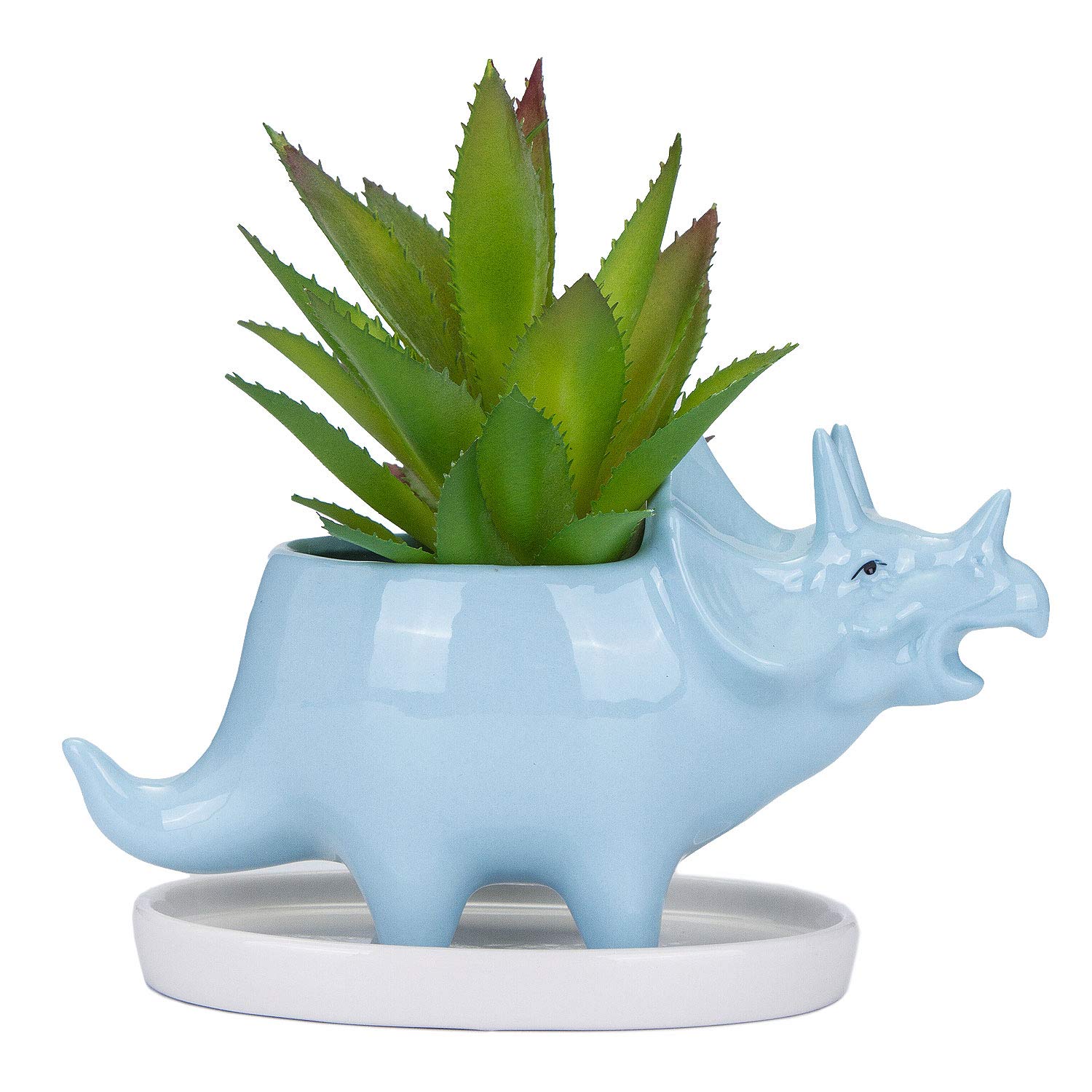 デスクトップ キュート カートゥーン ブルー トリケラトプス 恐竜 セラミック 多肉植物 ポット トレイ..