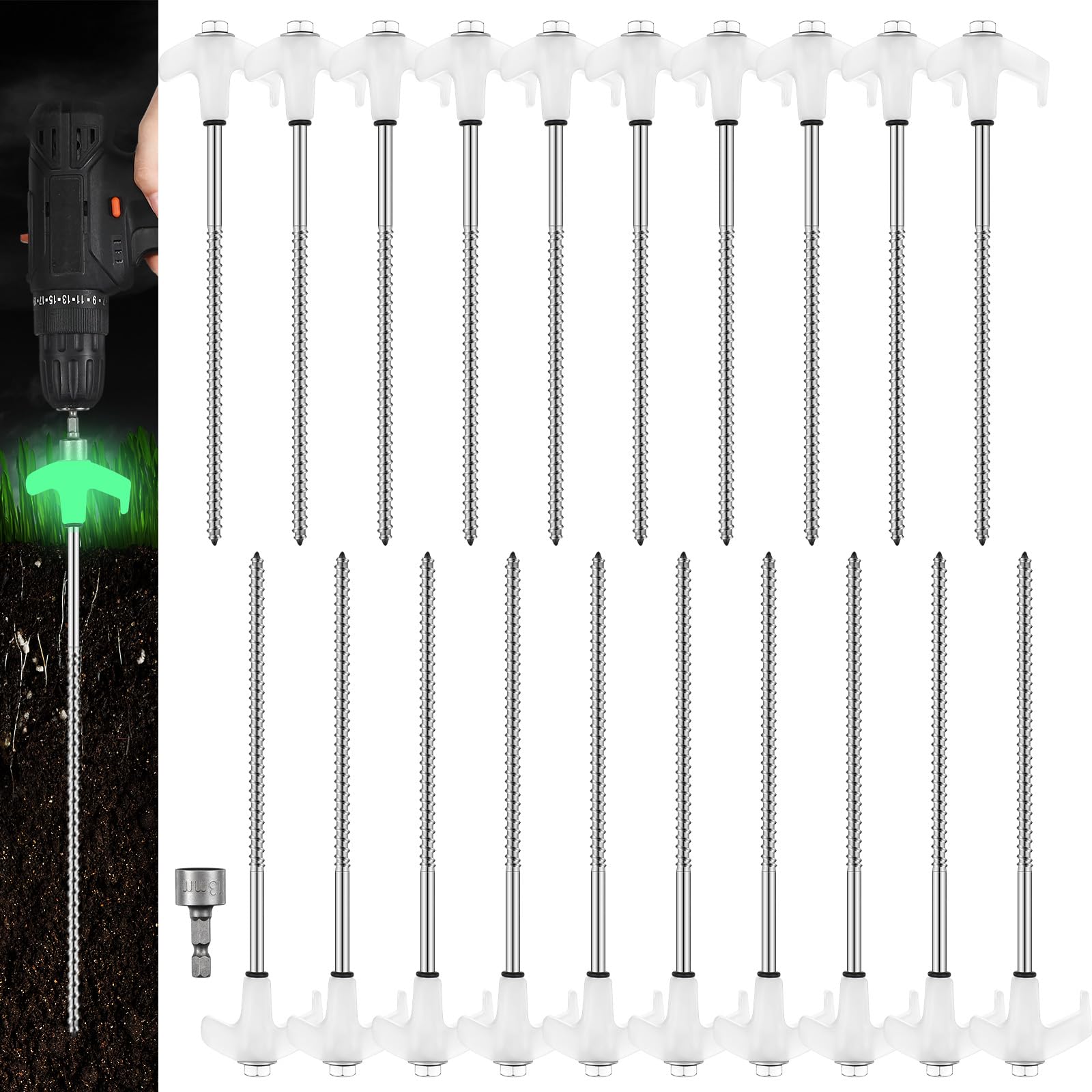 楽天エムーエムショップ20個 20個 8インチ ねじ込み式テント杭 高耐久 グラウンドメタル杭 空気注入式用 六角ヘッドドライバー付き アウトドア キャンプ テント 空気注入式 庭の装飾用 （蛍光ホワイト）