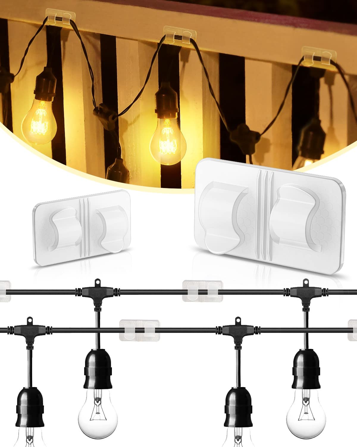 楽天エムーエムショップ屋外ストリングライト用フック 40個パック - クリアアウトドアライトクリップ&粘着ストリップコードオーガナイザー - UV耐性 耐候性 ハンギングパティオフェンス バルコニー 屋内装飾ライトクリップ