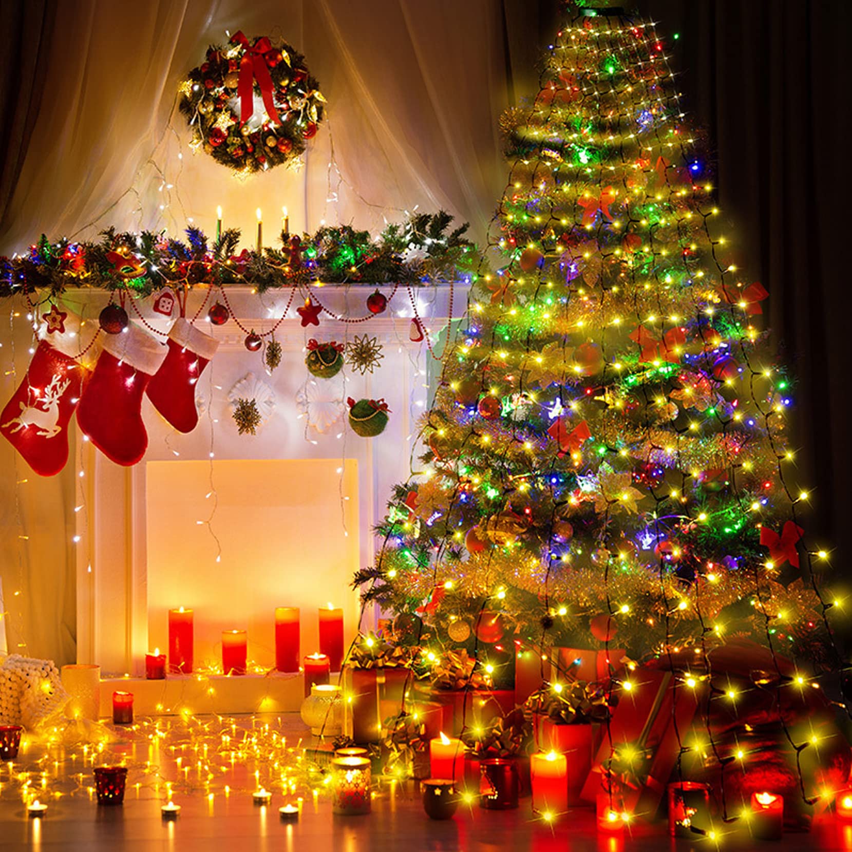 17フィート;マルチカラーが変わるクリスマスストリングライト グリーンワイヤー 電池式 50個のLE ...