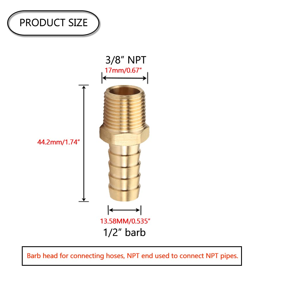 ホースバーブ継手 真鍮パイプ継手 ホースアダプター バーブ 1/2インチ ホースX3/8インチ NPT 6個