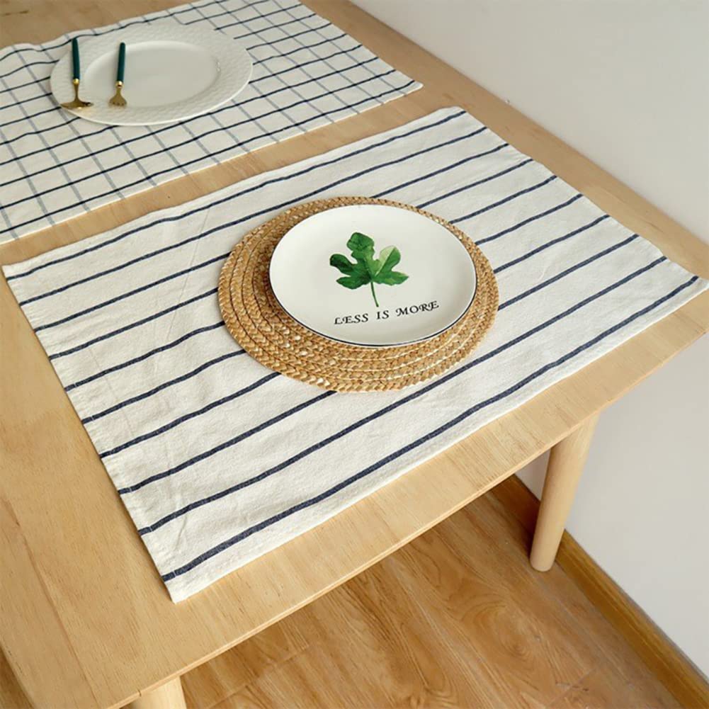 ランチョンマット コットン 綿100％ 布製 おしゃれ 北欧 洋式 レストラン用 雰囲気アップ 滑り止め 摩擦 耐える 華やか ブルー ギンガム ストライプ柄 丸洗いOK (3枚セット)(3)