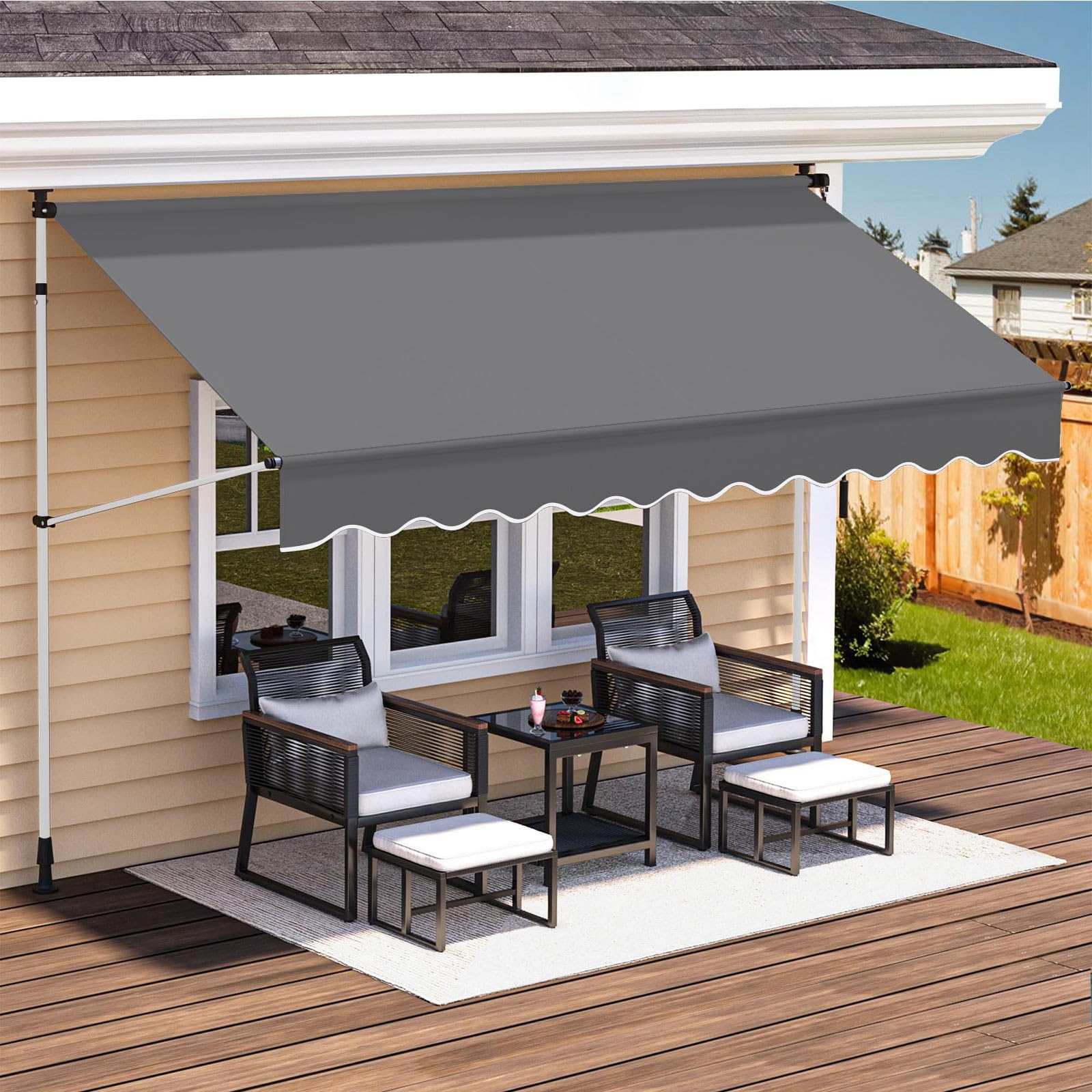 オーニングテント つっぱり日よけスクリーン 巻き取り式 サンシェード サンシェードとしても使用可能 簡単設置 日除け 雨よけ UVカット 角度、高さの調節が可能 コンパクト (グレーポール*グレー布, 幅2.5m)