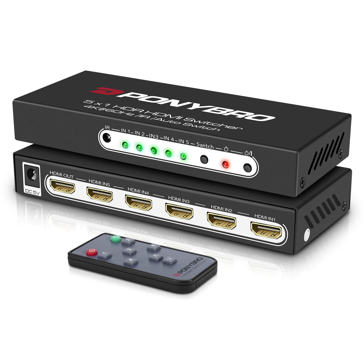 楽天エムーエムショップHDMI 2.0 スイッチ 5ポート 4K @60Hz 自動切り替え – 5イン1出力 リモコン付き HDR10 3D Ultra HD PS5/Xbox/PC/Fire TV用 遅延ゼロ