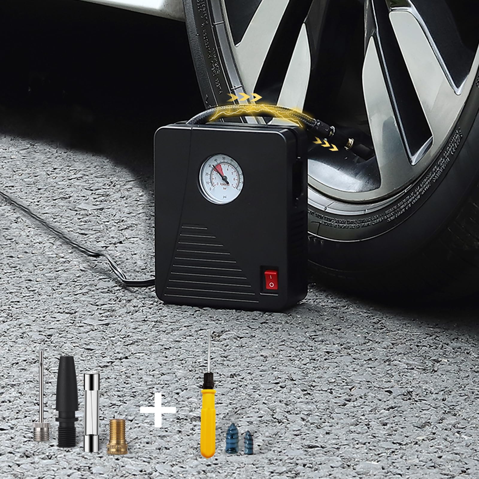 タイヤインフレーター ポータブルエアコンプレッサー ミニチュア電動タイヤポンプ 100PSI 12V DC アナログ表示 LEDライト付き 車 自転車 バスケットボール オートアクセサリー