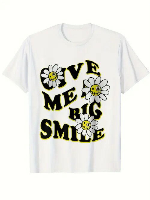 200gのコットン製Tシャツで、フロントには黒と黄色のテキストがプリントされ、テキストの周りには3つの白いデイジー、デイジーには黄色のフラワーハートとスマイリーフェイスがあしらわれ、全体的に生き生きとしたスタイルでポジティブなエネルギーに満ちている。