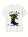 フロントに黒のテキストとグラフィックが入った200gのコットンTシャツ。 トップにはひまわりが数本刺さった黒のブーツを合わせ、全体的にポジティブで人生を肯定するスタイルに仕上げている。