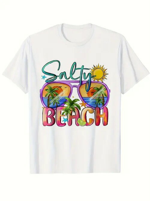 パープルのフレームに入ったサングラスをモチーフにした200gのコットン製Tシャツ。ヤシの木、海、夕日..