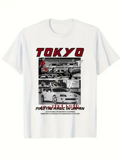 200gのコットンTシャツのフロントには、日本のスポーツカーがモノクロで描かれ、日本のカーカルチャーの要素がデザインされている。