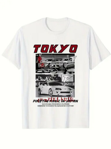200gのコットンTシャツのフロントには、日本のスポーツカーがモノクロで描かれ、日本のカーカルチャーの要素がデザインされている。 200gのコットンTシャツのフロントには、日本のスポーツカーがモノクロで描かれ、日本のカーカルチャーの要素がデザインされている。