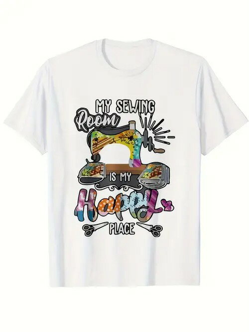 200gのコットン製Tシャツで、フロント中央にカラフルなミシンの柄がマルチカラーでプリントされている..