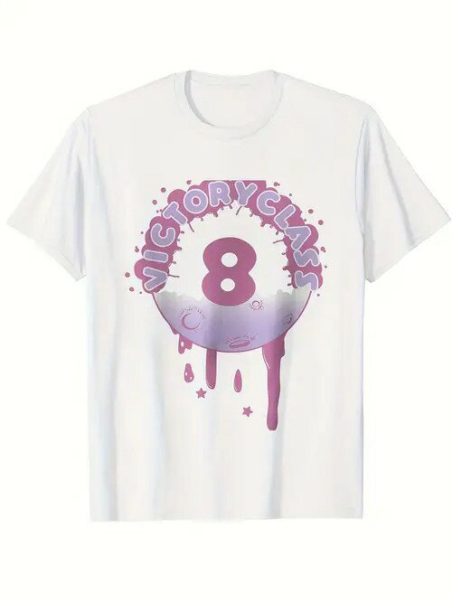 200gのコットン製Tシャツ。シャツの中央にピンクの数字「8」が描かれ、その周りをピンクのペンキが飛び..