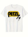 200gのコットン製Tシャツは、黄色の楕円形の背景に黒の大文字で「PETZL」と書かれたフロントと、岩を登る男性の黒いシルエットを右側に配し、クリーンでスポーティなデザインに仕上げている。