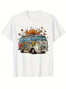 ヴィンテージの白いバンがTシャツの中央にプリントされ、カラフルな花柄で飾られた200gのコットン製Tシャツ。ルーフには大きなオレンジの花、その周りには赤とオレンジの花の装飾が施され、全体的にヴィンテージでボヘミアンなデザイン。
