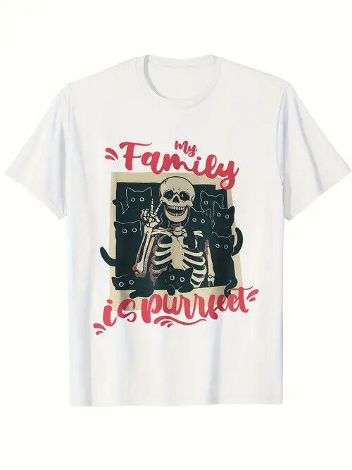 中央に骸骨、その周りを黒猫が取り囲むユーモラスなデザインの200gコットンTシャツ。