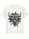 ウエスタン&エスニックな雰囲気の200gコットン製Tシャツで、フロントには赤、白、青の羽根に囲まれた複雑な花飾りの牛の頭蓋骨がプリントされている。