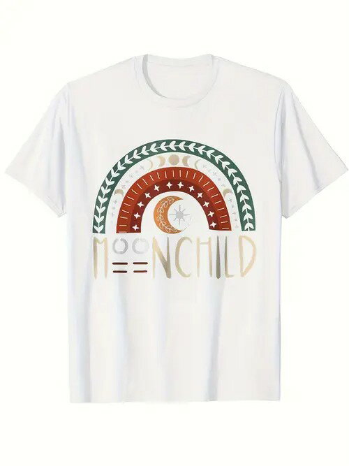 コットン200gのTシャツは虹と月のデザインで、虹は赤、オレンジ、黄、緑の4色で構成され、月は星で飾られている。ドリーミーでナチュラルなデザイン。