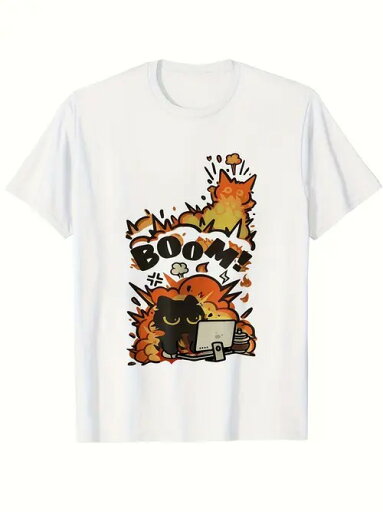爆発と「BOOM」の文字に囲まれ、コンピューターの前に座る漫画の黒猫がスポーティで楽しいデザインで描かれた200gのコットン製Tシャツ。 爆発と「BOOM」の文字に囲まれ、コンピューターの前に座る漫画の黒猫がスポーティで楽しいデザインで描かれた200gのコットン製Tシャツ。