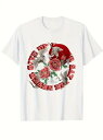 200gのコットン製Tシャツで、赤い円形の背景に2羽の鶴と数輪のピンクの花が前面に描かれ、円の縁を囲むように赤い裏文字があしらわれた、オリエンタル・テイストと平和をテーマにしたデザイン。