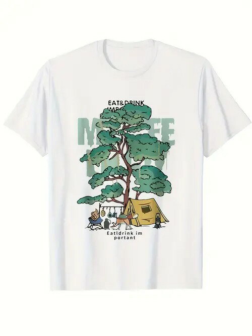 200gのコットン製Tシャツ。大きな緑の木、その下に黄色いテント、テントの横には数匹の小動物。