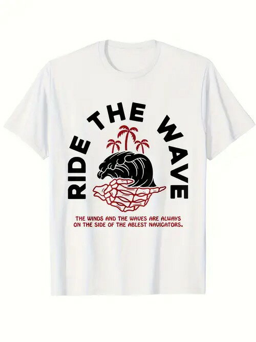 200gのコットン製Tシャツで、Tシャツの中央には黒い波のデザインがプリントされ、波の上には2本の赤いヤシの木、下には波を持つ赤い手が描かれている。