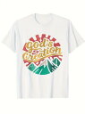 200gのコットン製Tシャツで、前面には円形のデザインが施され、円の内側の上にはゴールドの文字、背景には放射状の赤いライン、下には山の峰の緑の模様が描かれ、神の創造物への賛美を伝えている。
