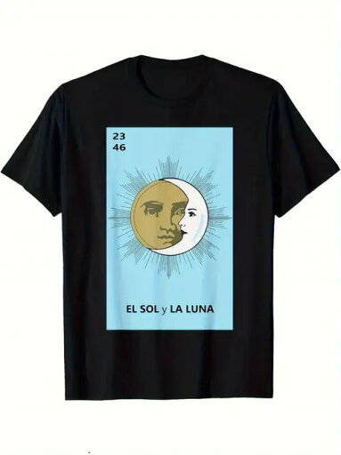 200gのコットン製Tシャツは、フロントにライトブルーの背景を配し、中央に太陽と月、左側に数字の「23 46」、その下にスペイン語で「太陽と月」の文字がデザインされ、神秘的で芸術的な雰囲気を醸し出している。 200gのコットン製Tシャツは、フロントにライトブルーの背景を配し、中央に太陽と月、左側に数字の「23 46」、その下にスペイン語で「太陽と月」の文字がデザインされ、神秘的で芸術的な雰囲気を醸し出している。