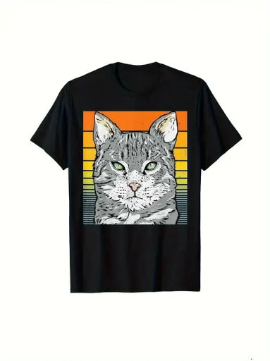 200gのコットンTシャツの前面にはグレーの猫がプリントされ、猫の背景にはオレンジとイエローのストライプ、鋭い猫の目、そして全体的にポップ・アートのようなレトロなスタイルが特徴的だ。 200gのコットンTシャツの前面にはグレーの猫がプリントされ、猫の背景にはオレンジとイエローのストライプ、鋭い猫の目、そして全体的にポップ・アートのようなレトロなスタイルが特徴的だ。