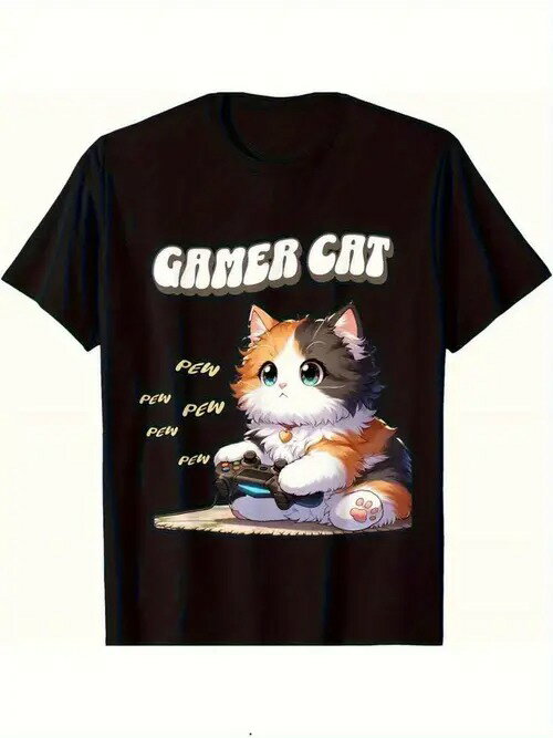 フロントにトリコロールカラーの猫がプリントされた200gのコットン製Tシャツで、猫はゲームパッドを持っており、その上には大文字で白い文字が書かれている。